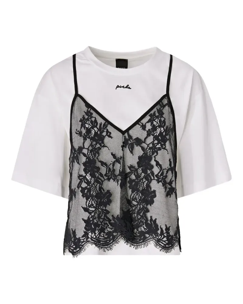 Pinko Besticktes T-Shirt mit Spitzen-Overlay - Weiß Weiß