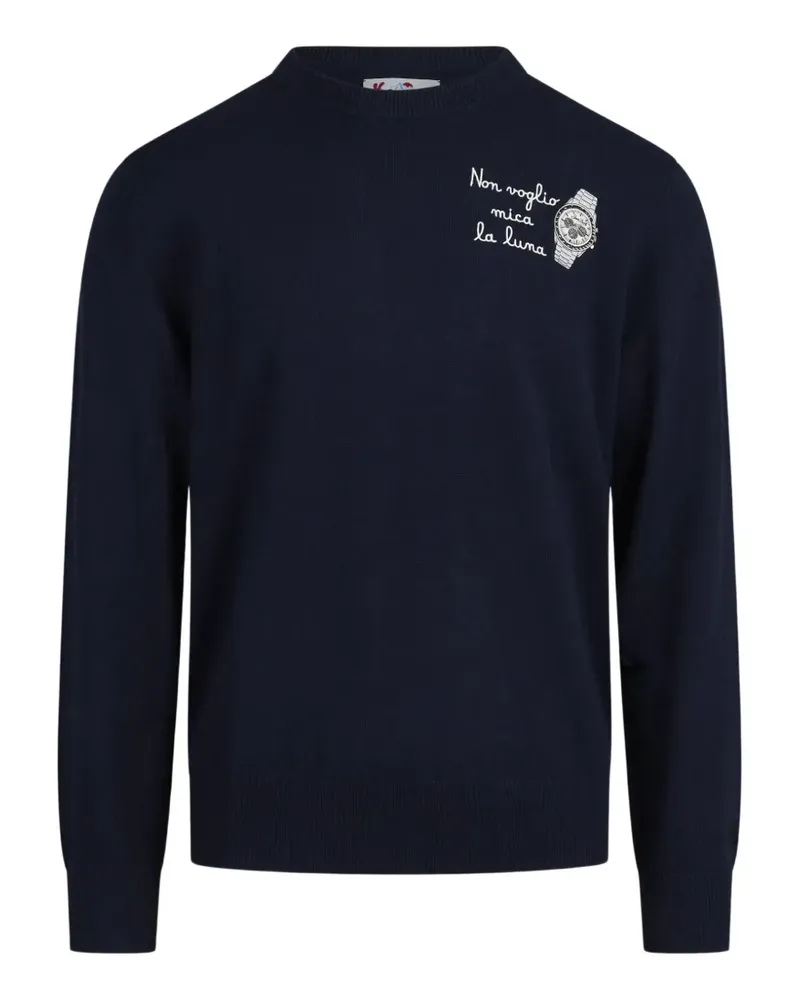 MC2 Saint Barth Marineblauer Heron Rundhalsausschnitt aus leichtem Woll-Kaschmirgemisch mit Non Voglio Mica La Luna-Stickerei Blau