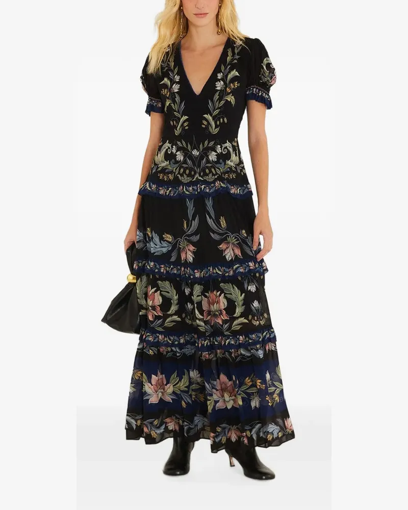 FARM Rio Gestuftes Maxikleid mit Blumenprint - Schwarz Schwarz