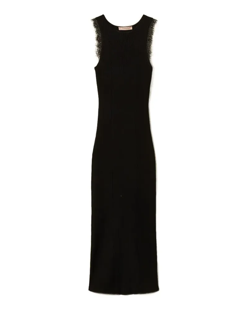 Twin-Set Geripptes Strickkleid mit Spitzenbesatz - Schwarz Schwarz
