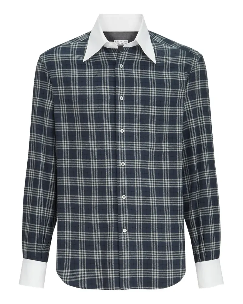 Brunello Cucinelli Flanellhemd mit Schottenkaro aus Baumwolle und Lyocell mit italienischem Kontrastkragen und -bündchen - Blau Blau