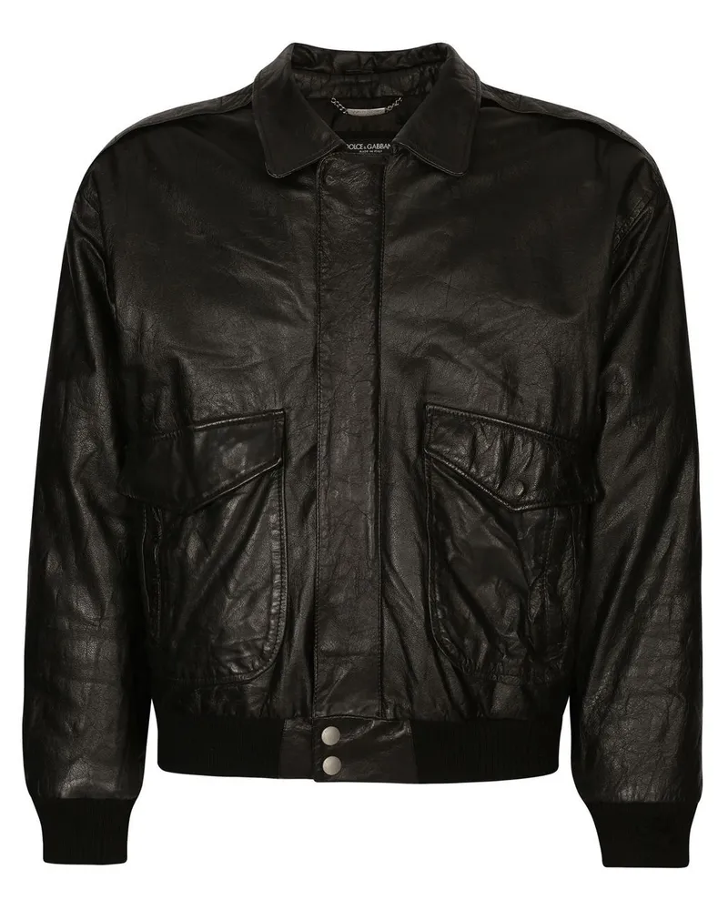 Dolce & Gabbana Lederjacke mit Logo-Schild - Schwarz Schwarz