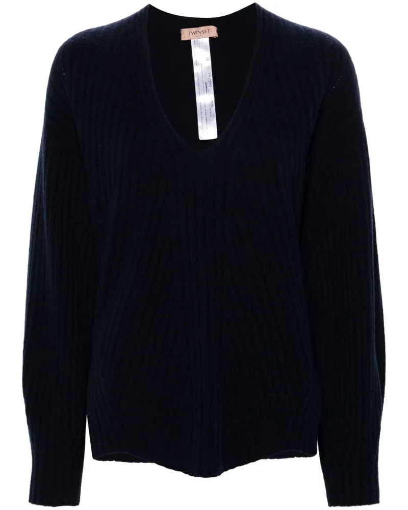 Twin-Set Gerippter Pullover mit V-Ausschnitt - Blau Blau