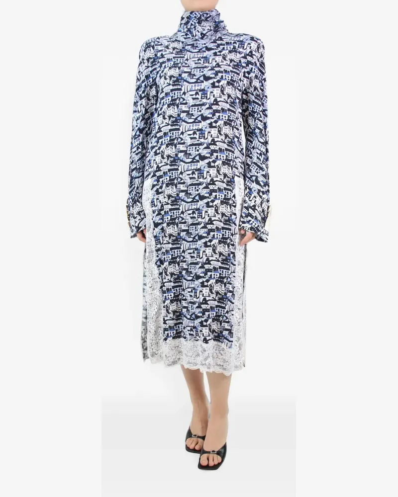 Rowen Rose Stehkragen-Midikleid mit Spitzenbesatz - Blau Blau