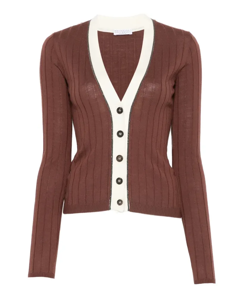 Brunello Cucinelli Monili-trim ribbed cardigan - Braun Braun