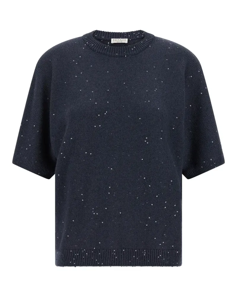 Brunello Cucinelli sequin-embellished short-sleeve sweater - Blau Blau