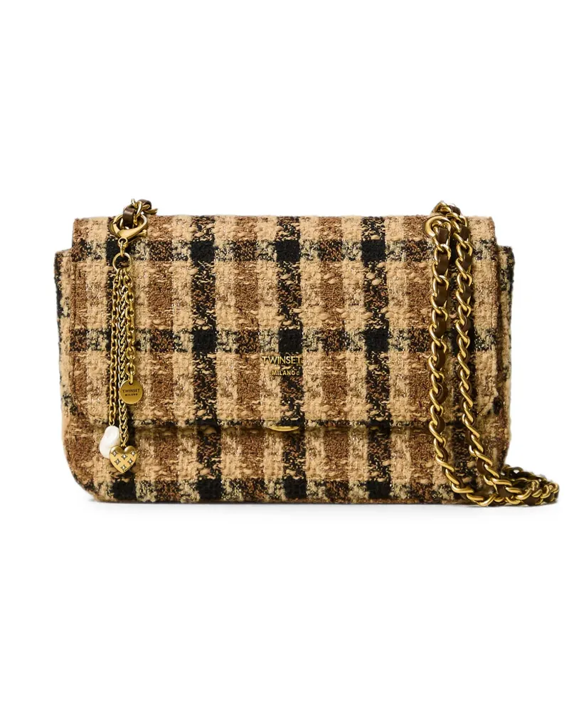 Twin-Set Karierte Schultertasche aus Bouclé - Braun Braun