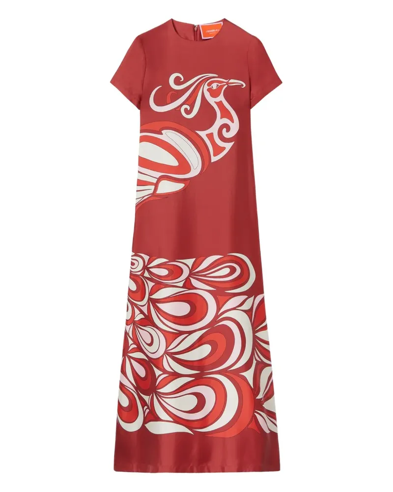 La DoubleJ Swing Maxikleid aus Seide mit Vogel-Print - Rot Rot