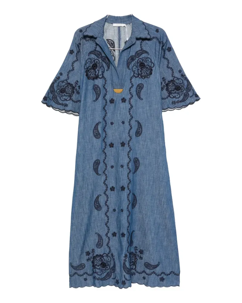 Zimmermann Aster paisley-embroidered scalloped-edge midi dress - Blau Blau