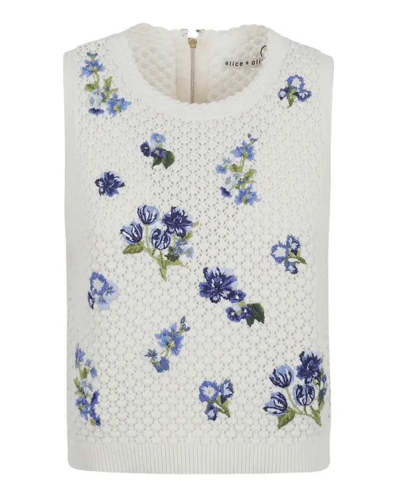 Alice + Olivia floral-embroidered open-knit top - Weiß Weiß
