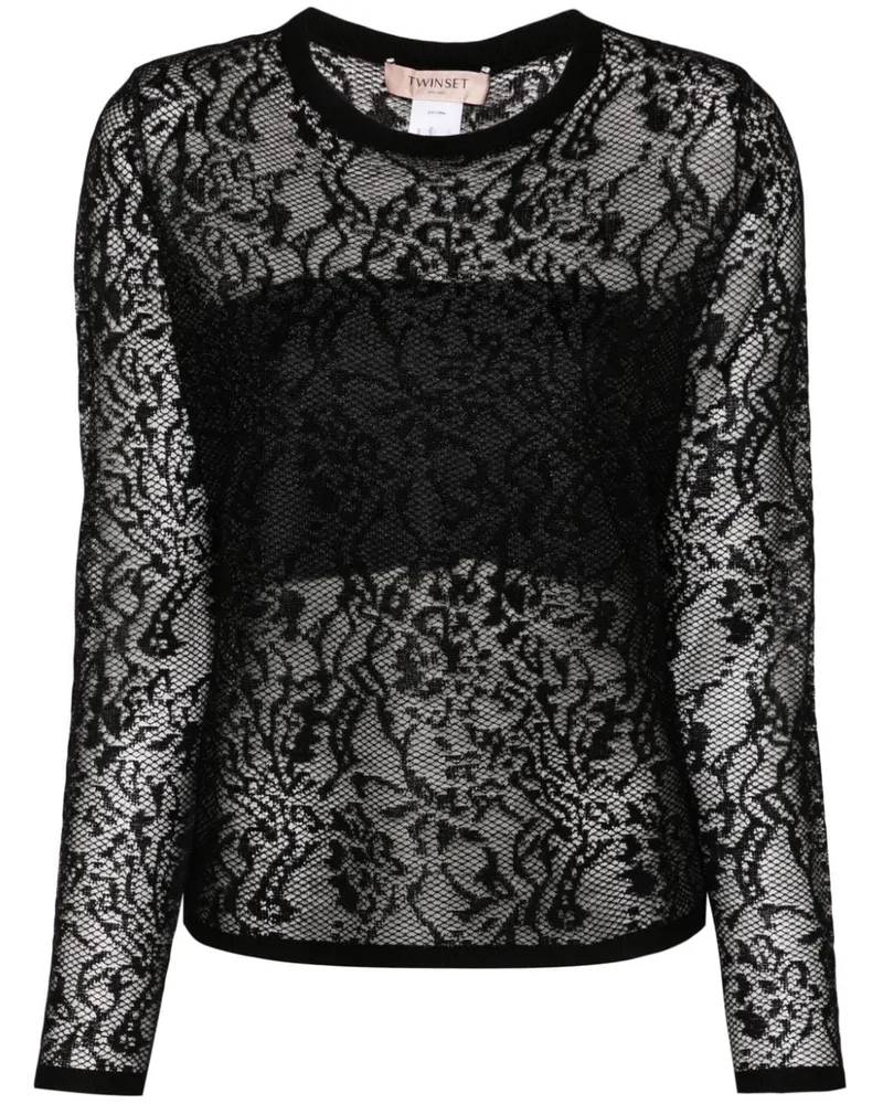 Twin-Set Jacquard-Oberteil mit Spitzen-Optik - Schwarz Schwarz