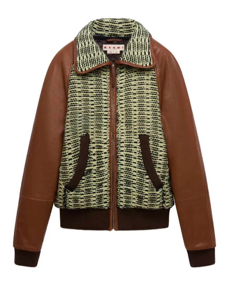 Marni Gestrickte Jacke mit Lederärmeln in Gelb und Hellgrün Grün