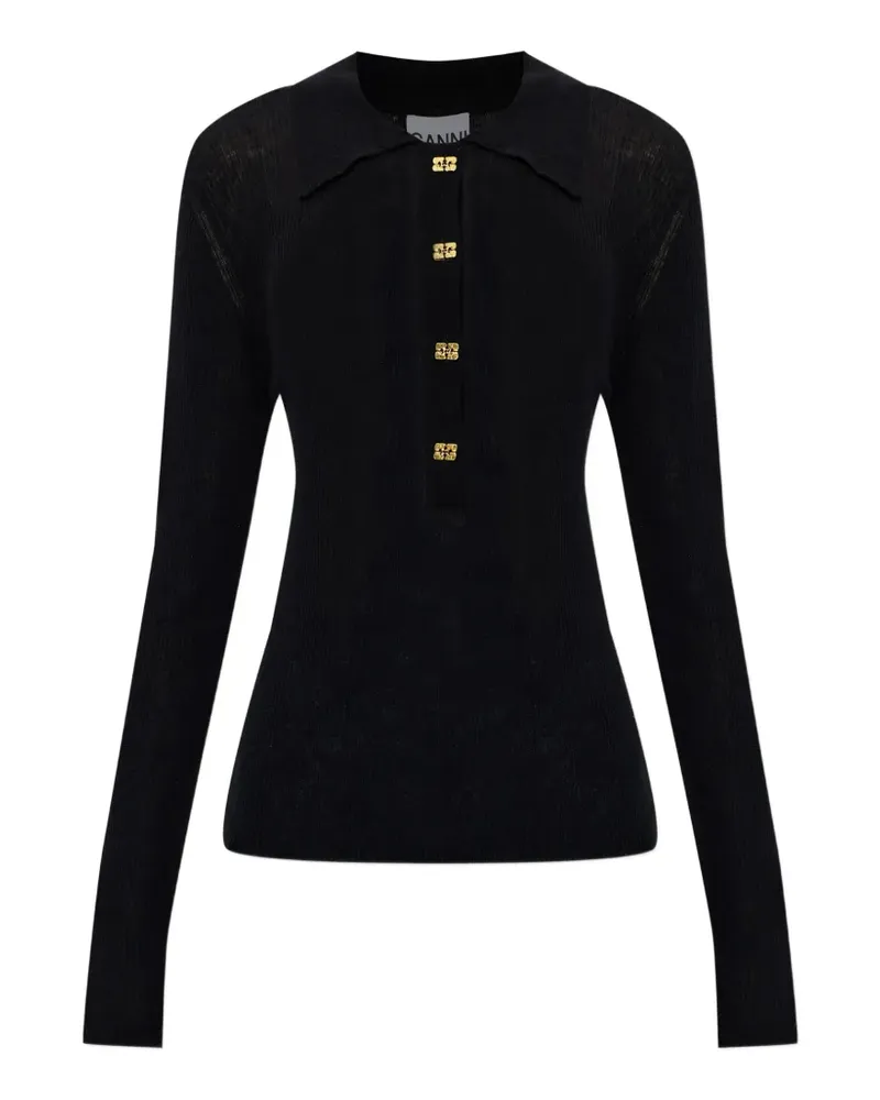 Ganni ribbed-knit polo top - Schwarz Schwarz