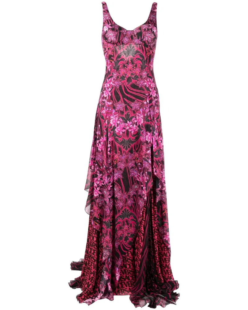 Versace Gerüschtes Seidenkleid mit Blumen-Print - Schwarz Schwarz