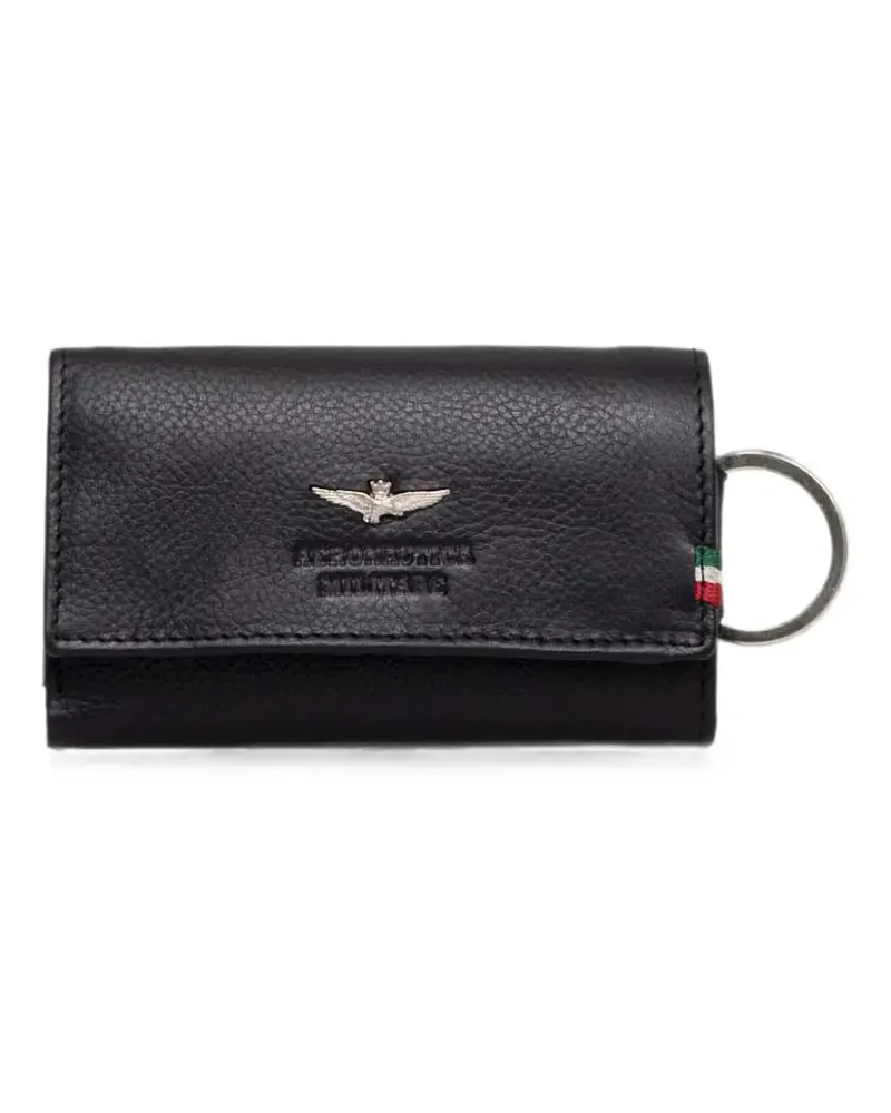 Aeronautica Militare logo-plaque pebbled leather key holder - Schwarz Schwarz