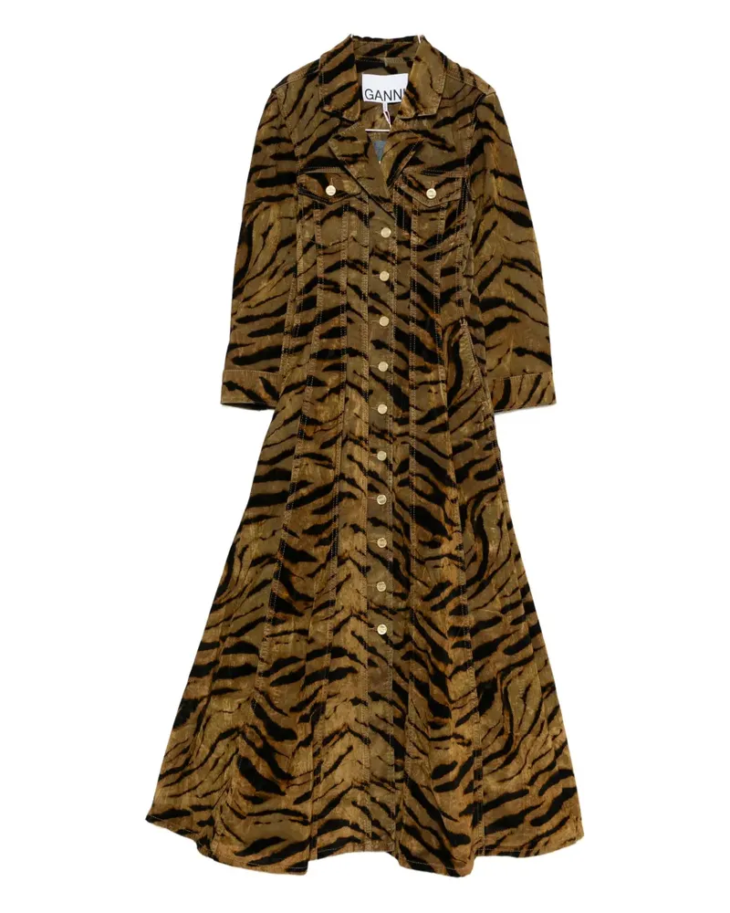 Ganni tiger-pattern button-up maxi dress - Braun Braun
