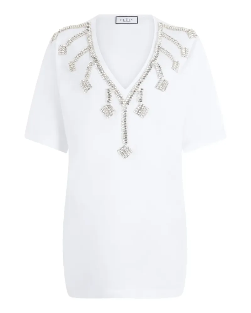 Philipp Plein Kristallfransen-T-Shirtkleid mit V-Ausschnitt - Weiß Weiß