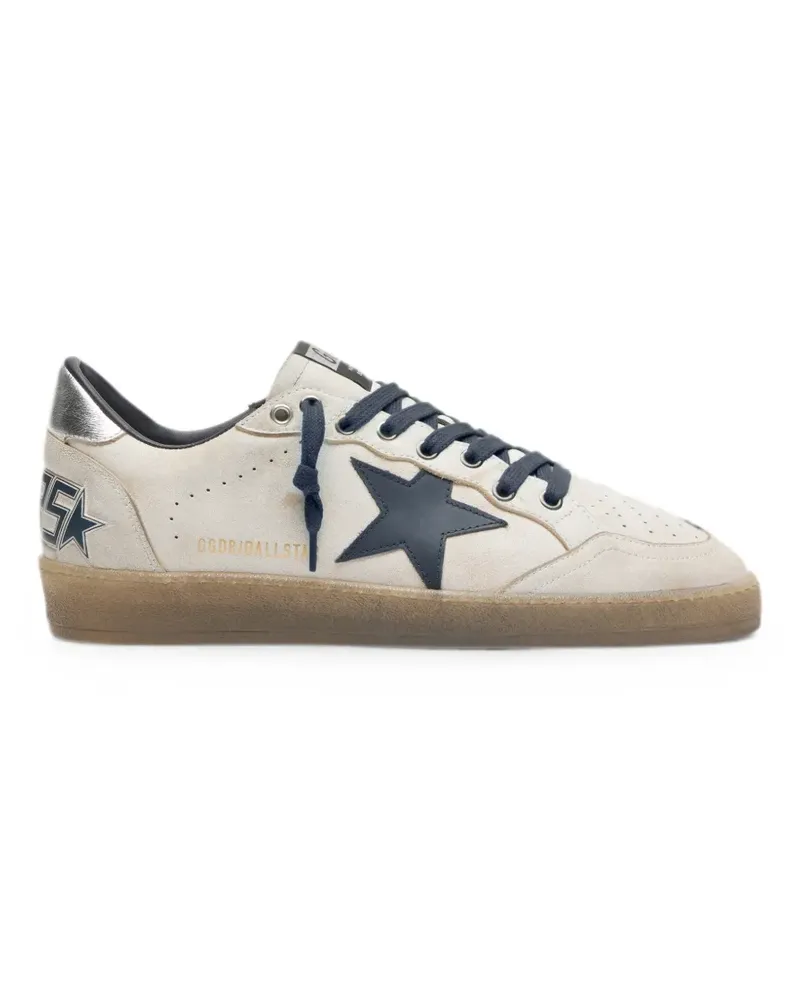 Golden Goose Ball Star Sneakers aus weißem Leder mit dunkelblauem Lederstern und silberlaminierten Lederabsätzen Weiß