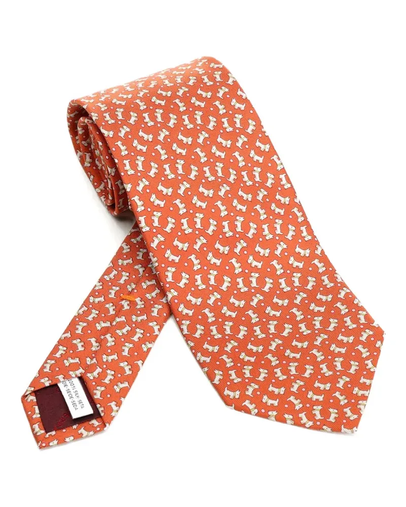 Ferragamo Charlie dog-print silk tie - Orange Orange