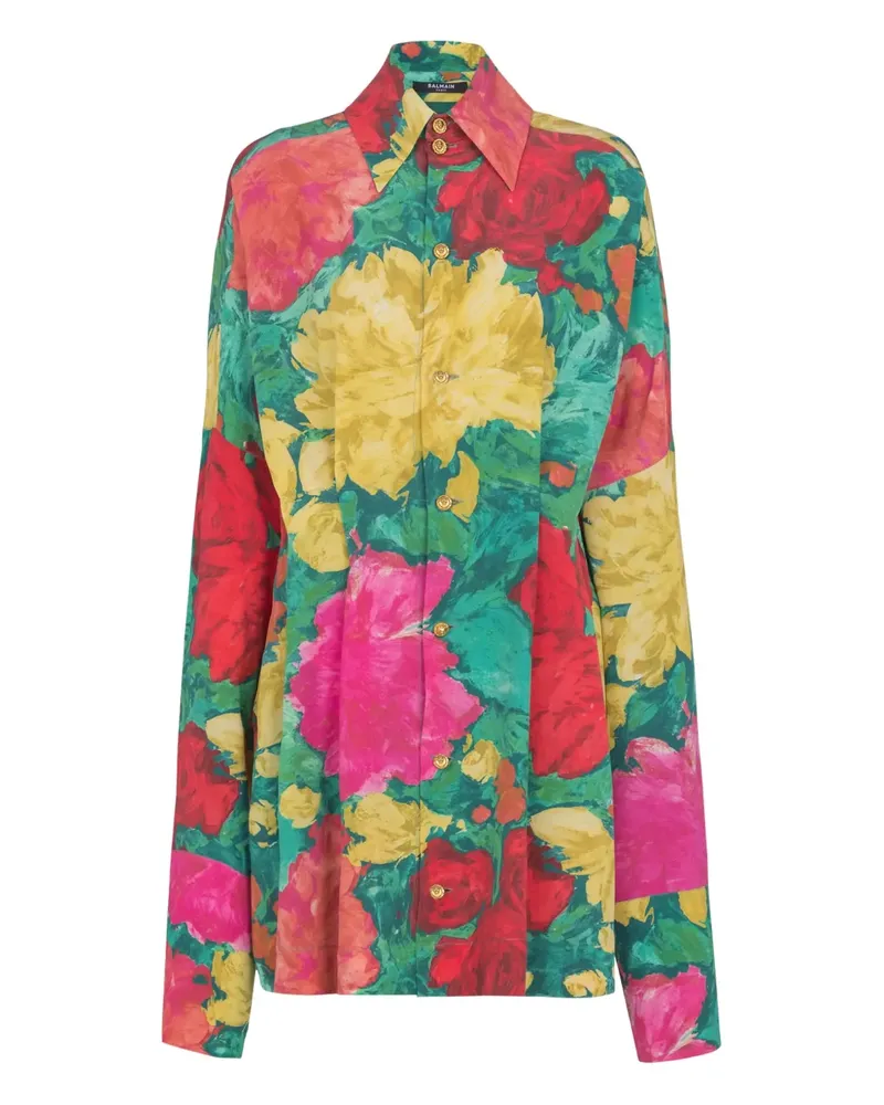 Balmain Hemdkleid mit Blumen-Print - Grün Grün