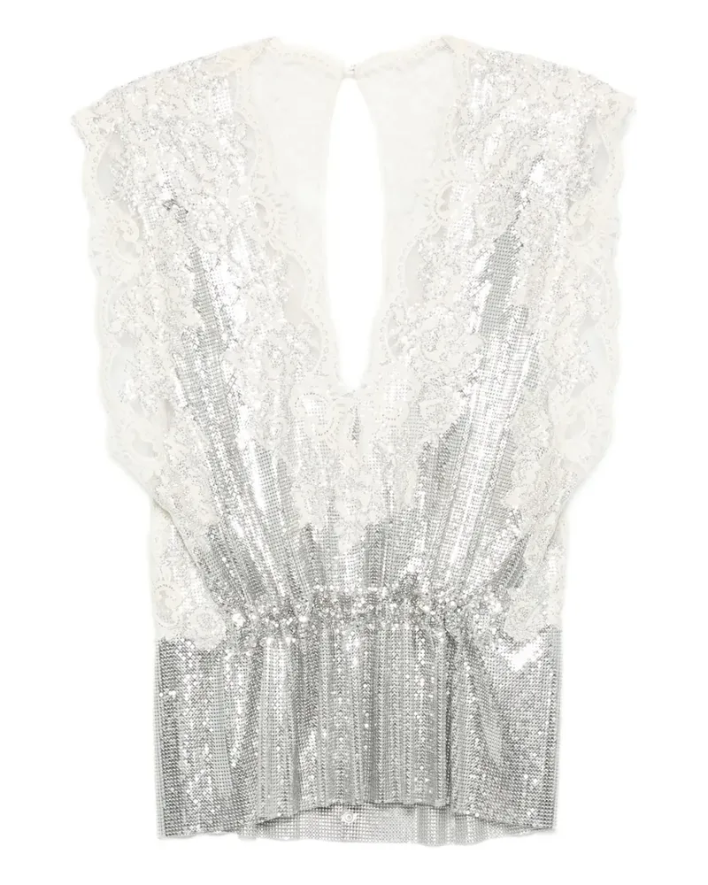 Paco Rabanne Gerafftes Mesh-Oberteil mit Spitzeneinsatz - Silber Silber
