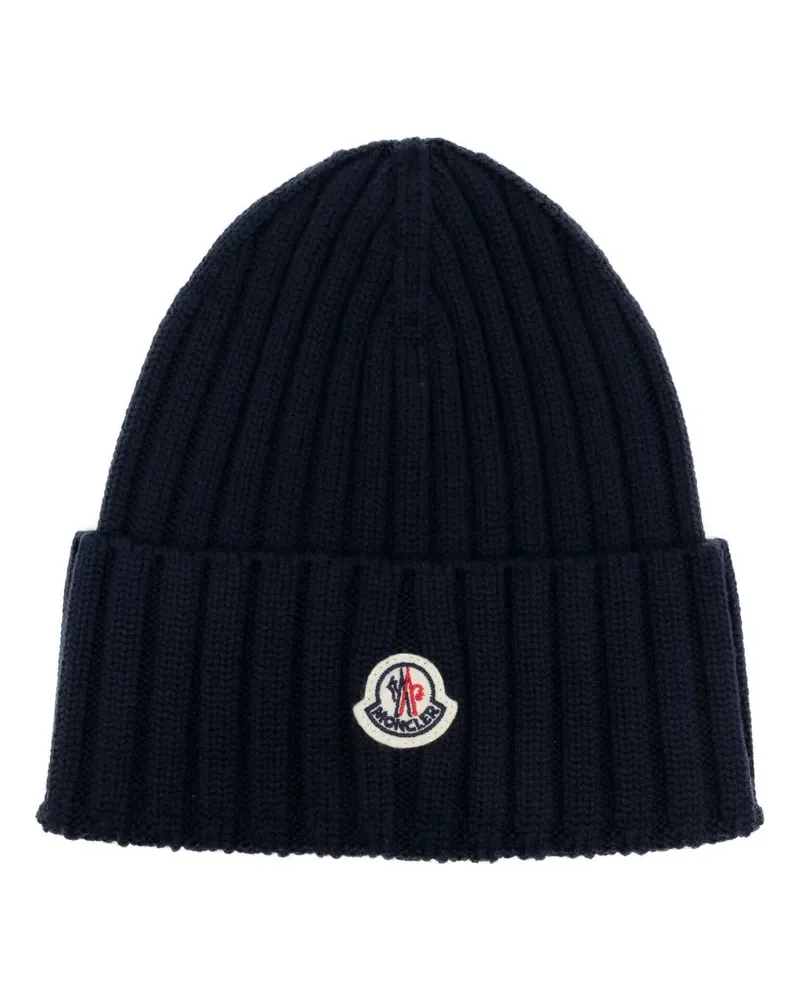 Moncler Gerippte Beanie mit Logo-Patch - Blau Blau
