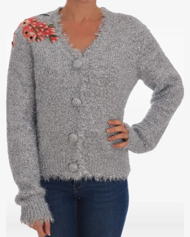 Dolce & Gabbana Cardigan im Metallic-Look mit Blumenapplikation - Silber Silber