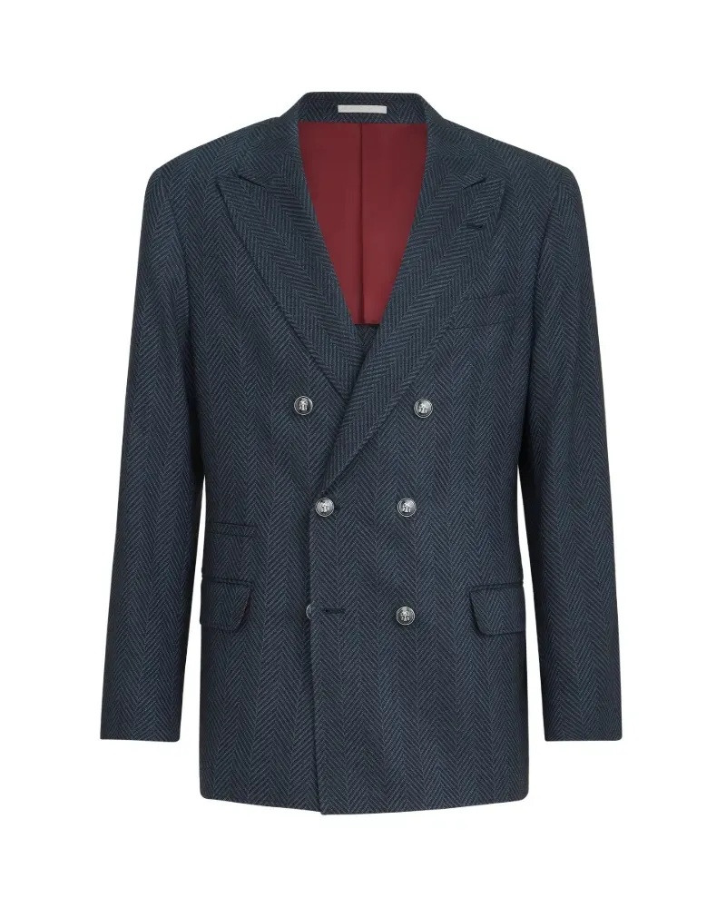 Brunello Cucinelli cashmere and silk chevron flannel one-and-a-half breasted deconstructed blazer with metal buttons - Blau Blau