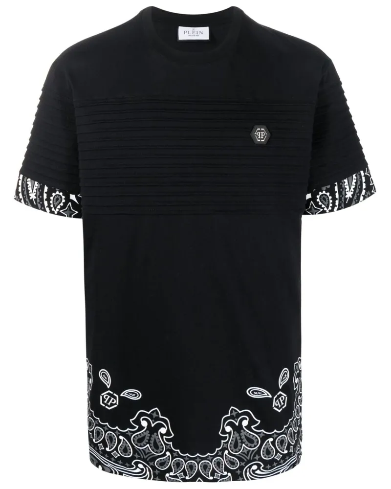 Philipp Plein Geripptes T-Shirt mit Bandana-Print - Schwarz Schwarz