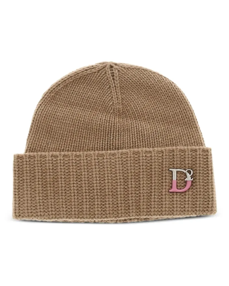 Dsquared2 logo-plaque ribbed-knit beanie hat - Braun Braun