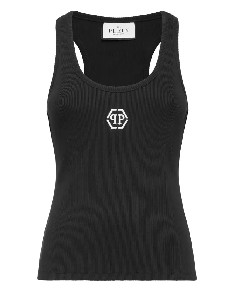 Philipp Plein Geripptes Tanktop mit sechseckigem Logo - Schwarz Schwarz