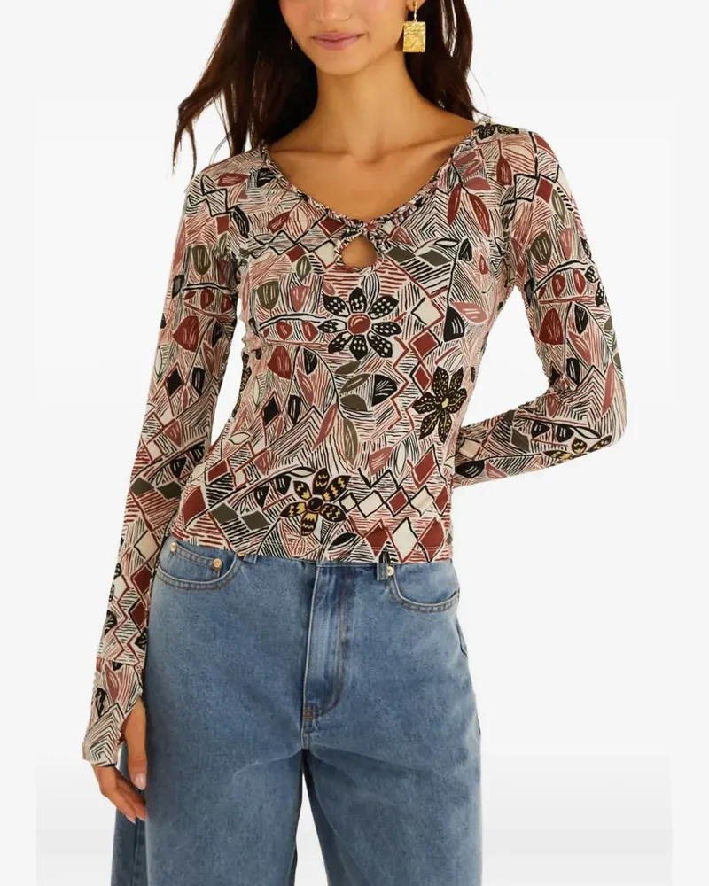 FARM Rio Schlüssellochausschnitt-T-Shirt mit Blumenprint - Nude Nude