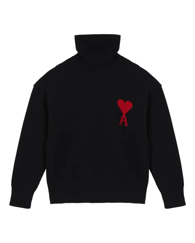 AMI Paris Black funell-neck wool sweater with Ami De Coeur - Schwarz Schwarz