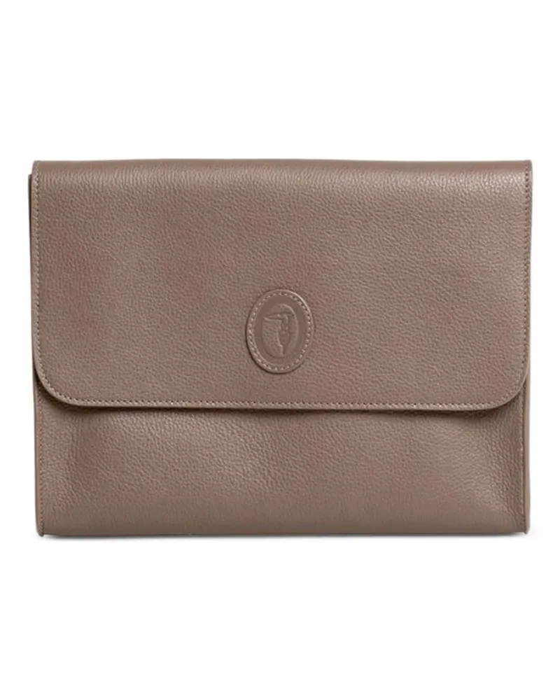 Trussardi Strukturierte Clutch mit Logo-Patch - Braun Braun