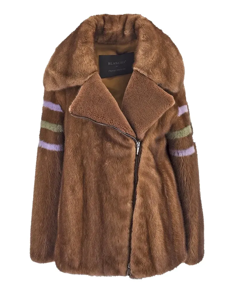 BLANCHA striped-details zip-up faux-fur coat - Braun Braun