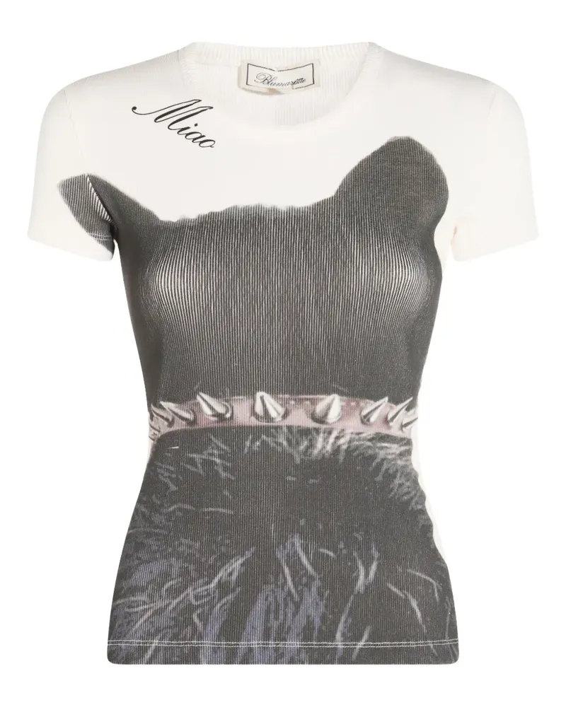 Blumarine Fein geripptes T-Shirt mit Katzen-Print - Weiß Weiß
