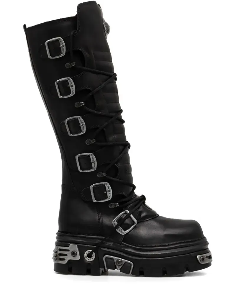 New Rock Kniehohe Reactor Stiefel mit Schnalle 70mm - Schwarz Schwarz