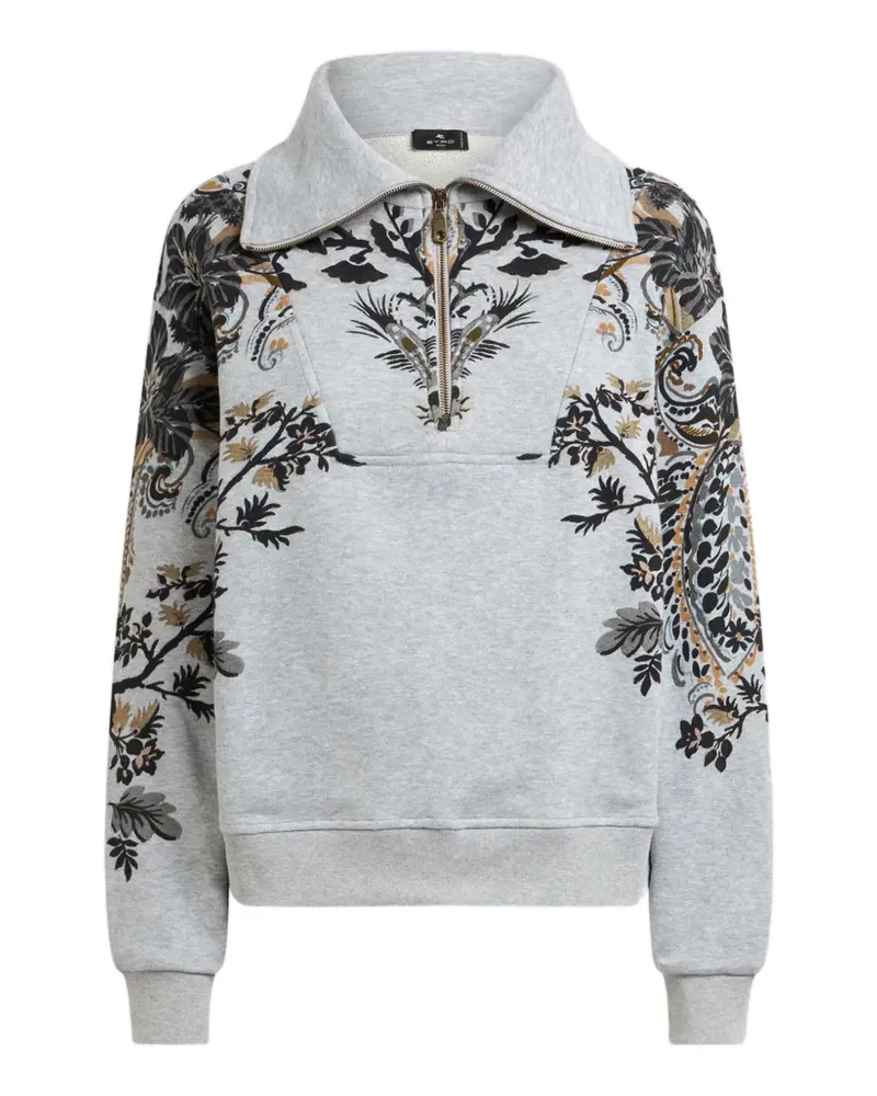 Etro Baumwoll-Sweatshirt mit kurzem Reißverschluss und platziertem Paisley- und Blumenprint - Grau Grau
