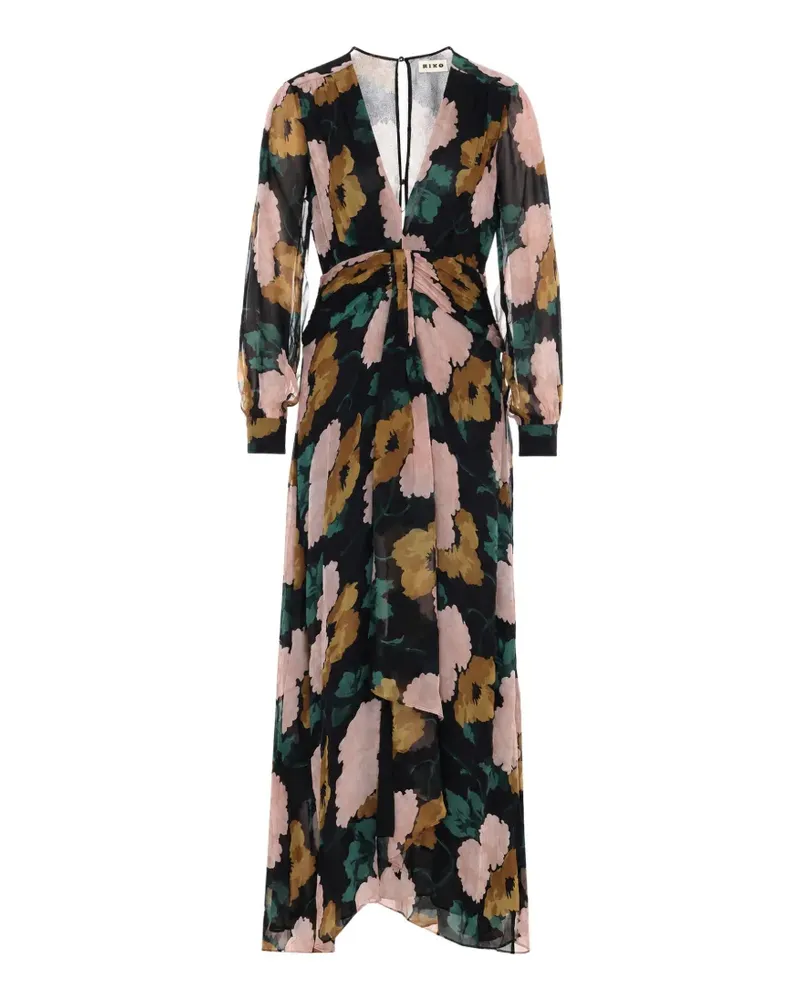 RIXO Plissiertes Kleid mit Blumenprint - Schwarz Schwarz