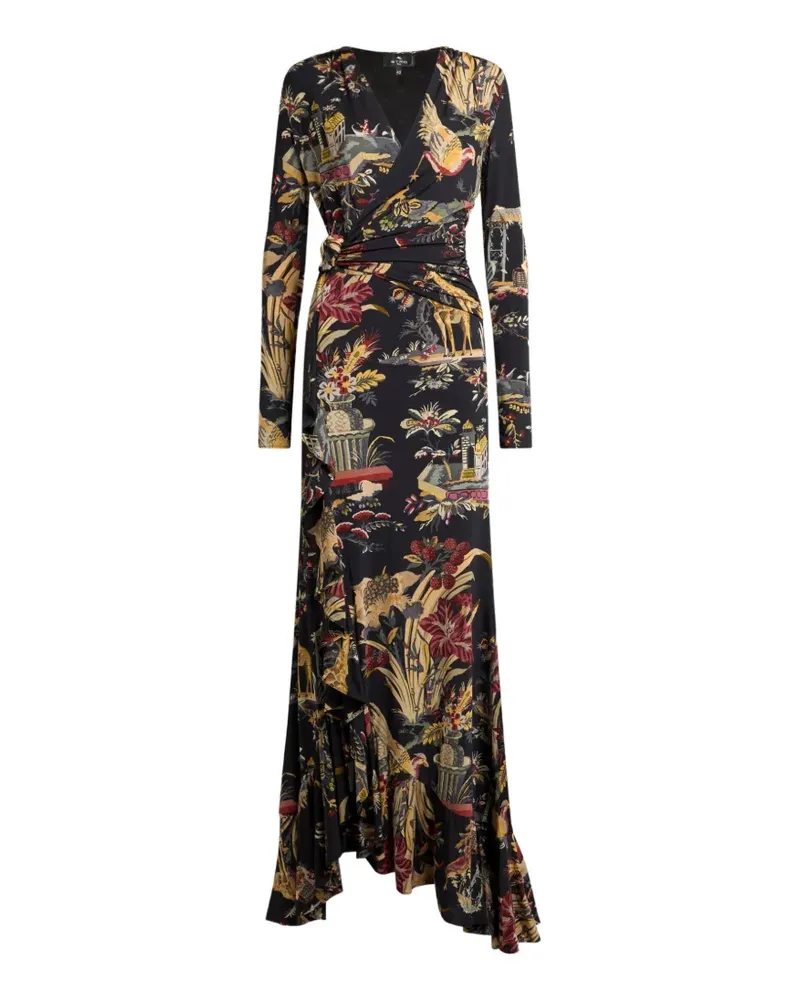 Etro long jersey wrap dress with flower and animal motif - Schwarz Schwarz