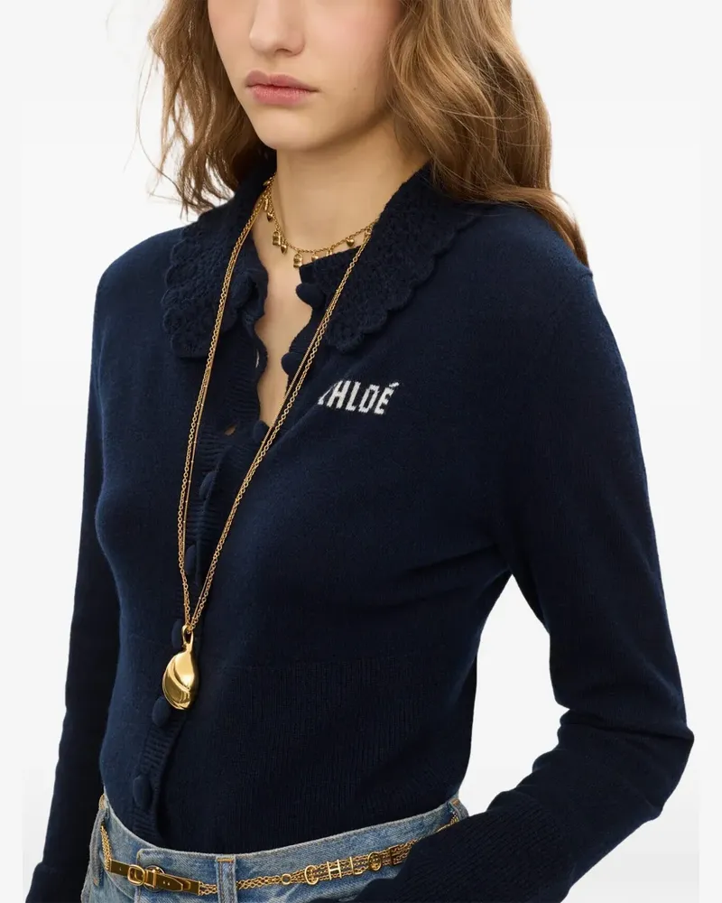 Chloé Schmaler Cardigan mit Logo aus Wollstrick - Blau Blau