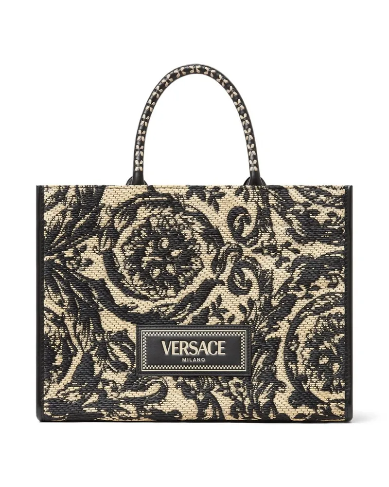 Versace Mittelgroße Barocco Athena Tote Bag aus Raffiabast - Schwarz Schwarz