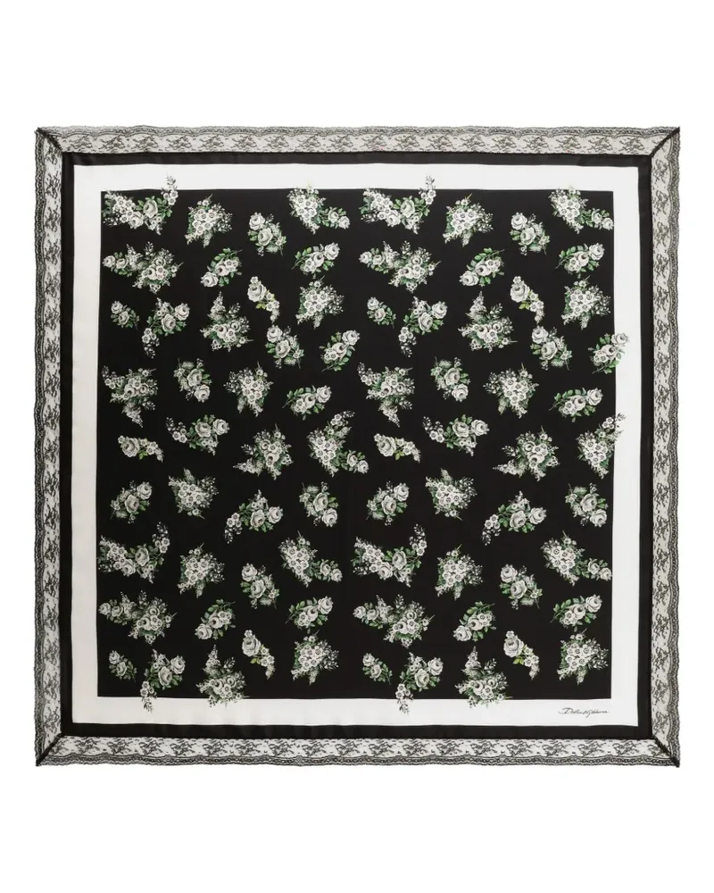 Dolce & Gabbana 90x90cm, kleiner Seidentwill-Schal mit Blumenstrauß-Print und Spitzeneinsatz - Schwarz Schwarz