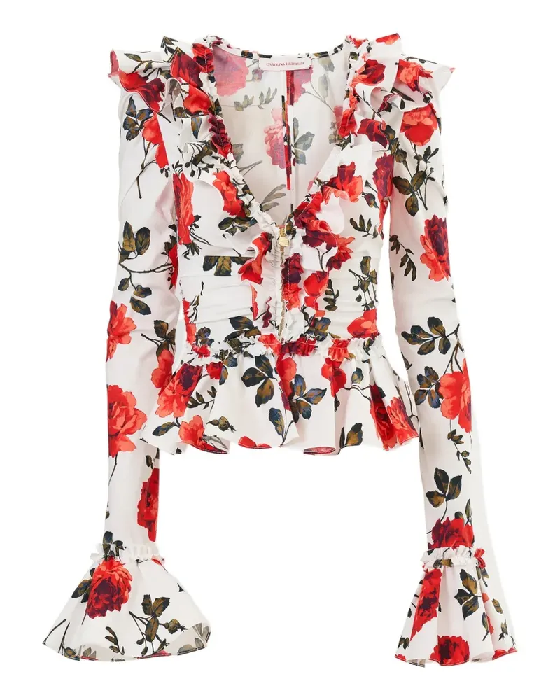 Carolina Herrera New York Gerüschtes Oberteil mit Rosen-Print - Weiß Weiß