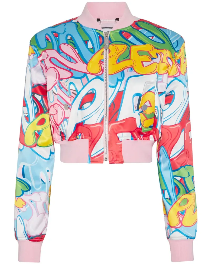 Philipp Plein Cropped-Bomberjacke aus Satin mit Graffiti-Logo - Rosa Rosa