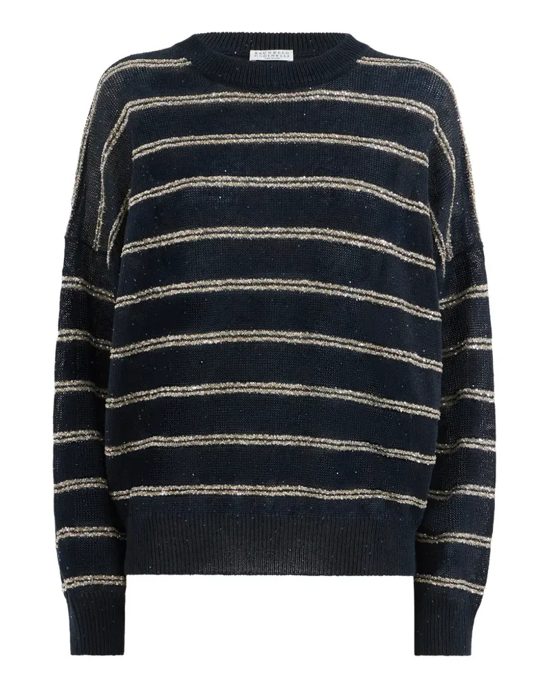 Brunello Cucinelli Pullover aus Leinen und Baumwolle mit Doppelstreifen - Blau Blau