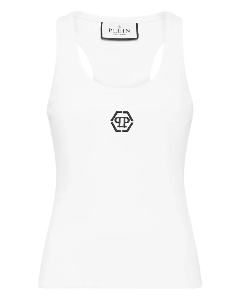 Philipp Plein Geripptes Tanktop mit sechseckigem Logo - Weiß Weiß
