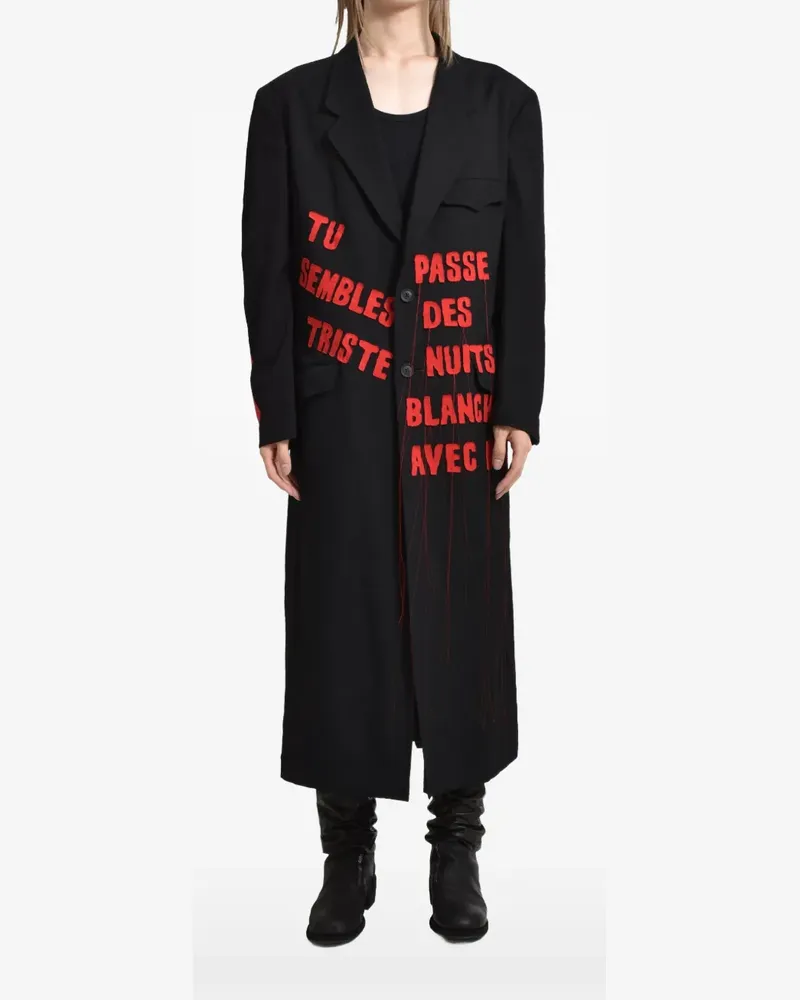 Yohji Yamamoto slogan-print single-breasted coat - Schwarz Schwarz