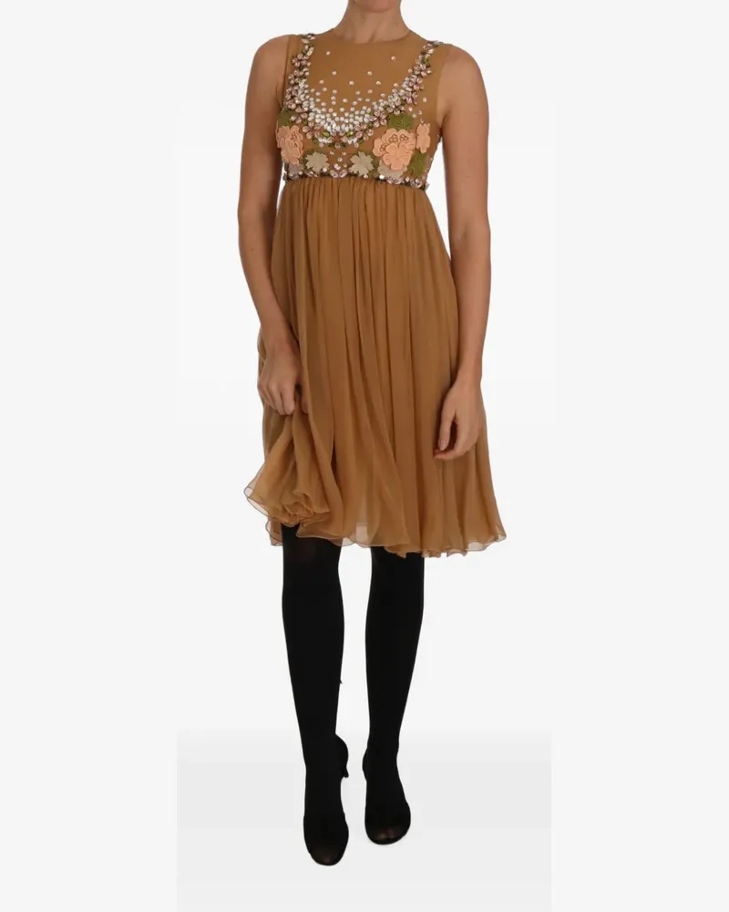 Dolce & Gabbana Kristallverziertes Midikleid mit Blumenapplikation - Braun Braun