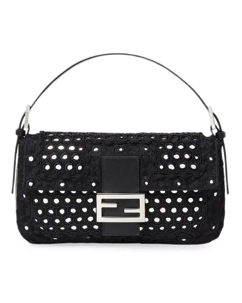 Fendi Baguette® 26424 Re-Edition bag with black embroidery and mirrors - Schwarz Schwarz